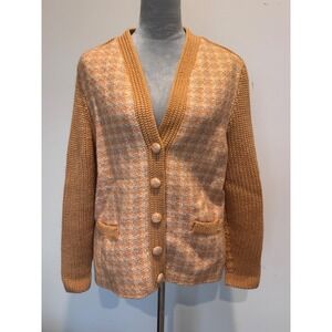 Vintage granny Irish Tweed Wool Cardigan Sweater Orange Houndstooth Made Ireland